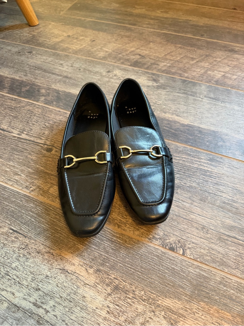a new day Black Leather Loafers with Gold Hardware